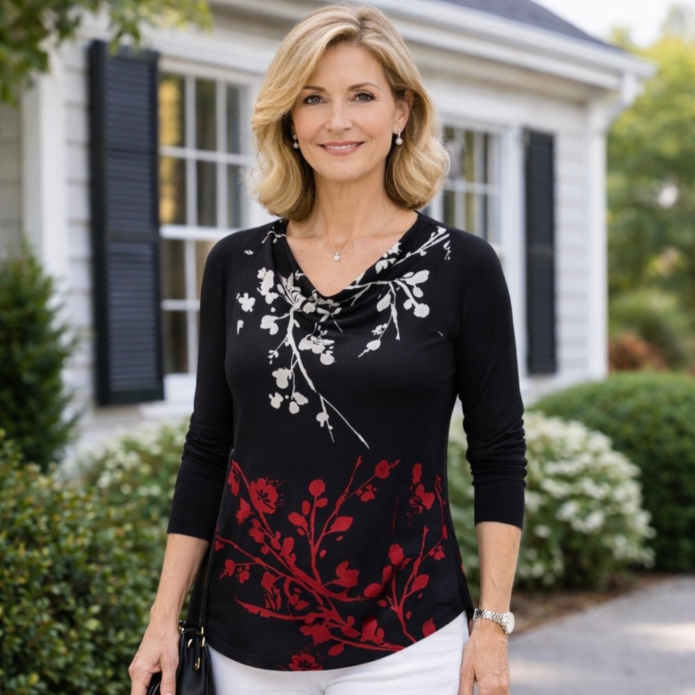 Chico's Travelers Slinky Tunic Top Drape Cowl Neck Asian Floral Pattern 1 Size M